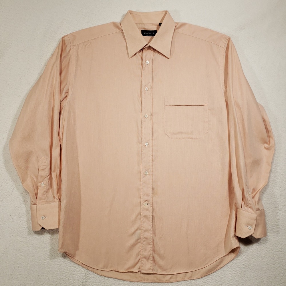 Canali Dress Shirt Mens 16.5 42 Peach Textured Cotton Long Sleeve Made in Italy